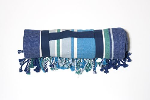 Stripe Fringed Roll-Up Oversized Beach and Picnic Blanket for 2 People with Easy Carry Handle, 100% Cotton, 60 Inch Wide x 60 Inch Long, Turquoise