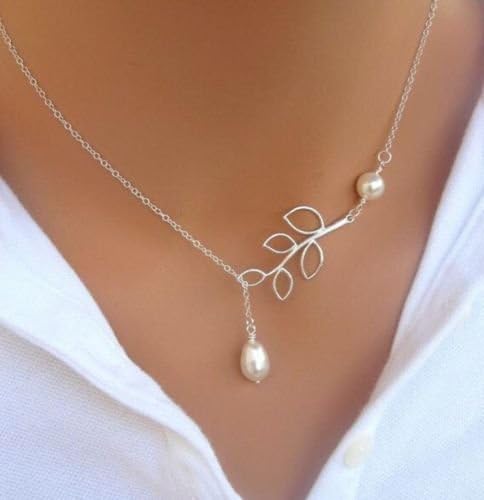 Diansts(TM) Simple Charm Lady's Leaves Pearl Statement Choker Silver Chain Necklace Gifts