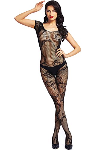 Amoretu Womens Crotchless Lingerie Short Sleeves Fishnet Bodystocking Black