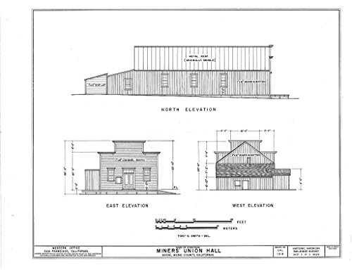historic pictoric Blueprint Diagram HABS CAL,26-BODI,2- (sheet 3 of 5) - Miners' Union Hall, Main Street, Bodie, Mono County, CA 14in x 11in