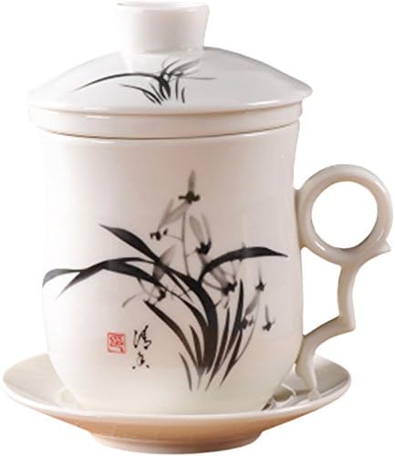 BandTie Convenient Travel Office Loose Leaf Tea Brewing System Teacup-Chinese Jingdezhen Blue and White Porcelain Tea Cup Infuser 4-Piece Set with Tea Cup Lid and Saucer (Orchid Pattern)