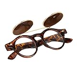 Voberry® Fashion Steampunk Design Costume Round Glass Flip up Clear Lens Golden Frame Brown Sunglasses Glasses Eyewear Lens (A)