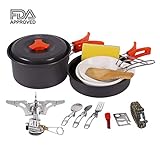 REDCAMP 13 PCS Camping Cookware Set with Stove, 800ML/1000ML Backpacking Gear & Hiking Outdoor Cookware Mess Kit, Lightweight Compact & Portable, Non-stick Anodized Aluminum Camping Pots and Pans Set
