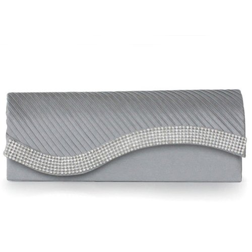 Damara Womens Pleated Satin Flap Crystal Clutch Evening Bag, Silver