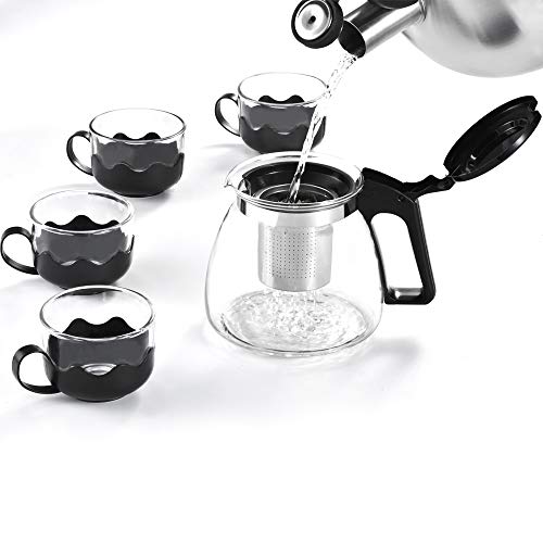 Teapot with Infuser and 4 Glass Cups set,Glass Tea Maker Kettle with Strainer Blooming Loose Leaf tea pot set by JASVIC - Thumbnail 2
