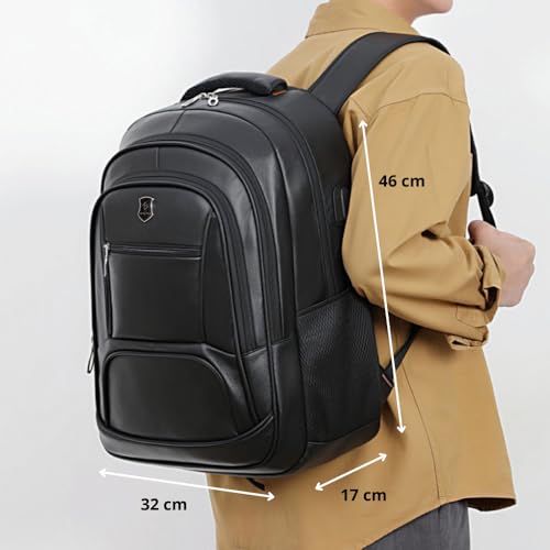 Mochila Masculina de Couro Preta, Impermeável, com Compartimento para Notebook, 46x32x17 cm