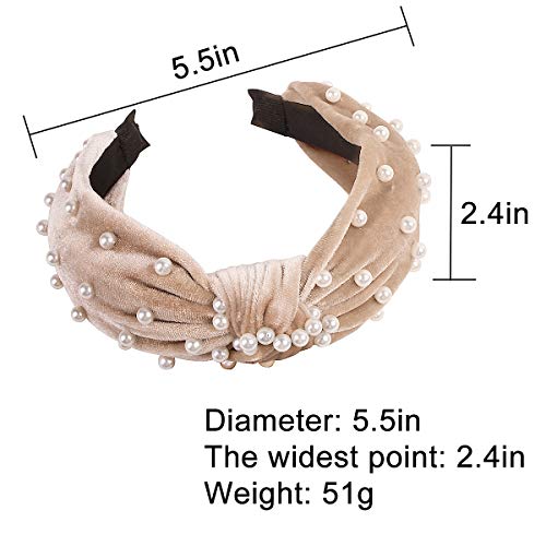 2Pcs Headbands for Women, BEBEEPOO Pearl Headbands with Velvet Knotted Wide Headbands, Faux Pearl Elastic Hair Hoops Fashion Vintage Styling Hair Accessories - Thumbnail 2