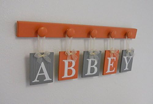 Baby Girl Nursery Wall Letters Sign Set Includes Wooden Pegs in Orange and Grey