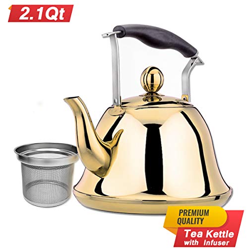 Gold Whistling Tea Kettle Stainless Steel Stovetop Teakettle Sturdy Teapot for Tea Coffee Fast Boiling with Infuser Color Gold Mirror Finish 2 Liter / 2.1 Quart (Gold)