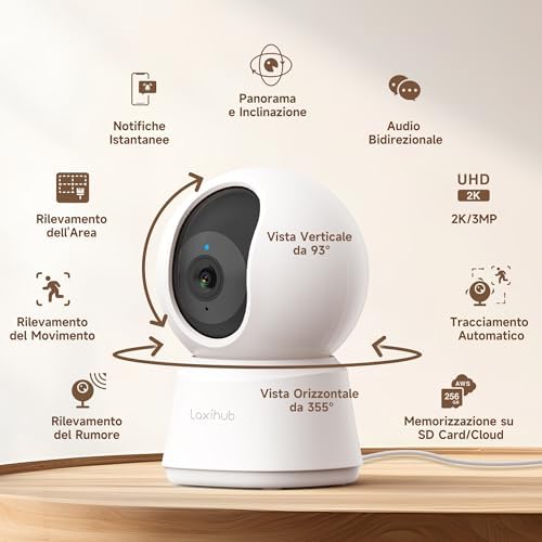 Telecamera Wi-Fi Interno 2K 3MP, PTZ 355° Telecamera Sorveglianza Interno, Telecamera Cani con Visione Notturna, Rilevamento di Umano/Movimento, Audio Bidirezionale, Compatibile con Alexa
