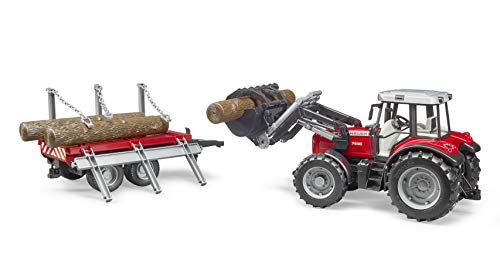 bruder 02046 - Massey Ferguson 7480 mit Frontlader, Holztransportanhänger, 3 Baumstämmen - 1:16 Traktor Trecker Schlepper Transportanhänger Tieflader Landwirtschaft Bauernhof Spielzeug – Bild 4