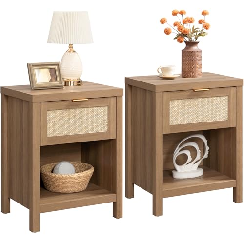 SICOTAS Rattan Nightstand Set of 2 - Farmhouse Night Stand with Drawer and Storage Shelf - Boho Bedside Table End Table Side Table Accent Table for Bedroom