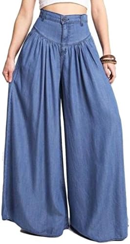 EKU Women Casual High Waist Elasticity Denim Wide Leg Pants Jeans Trousers