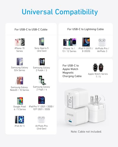 Anker USB C Charger with Foldable Plug, 20W USB C Charger Block for iPhone 17/16 /15 and More Series, Galaxy, Pixel, iPad (2, Pack Cable Not Included)