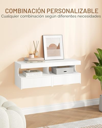 Hzuaneri Floating Bedside Table, U-Shaped Design, White | NS50103X Modern Hanging Shelf and 1 Drawer with Runners, Bedroom and Living Room, 30 x 40 x 29.2 cm