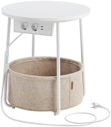LILEA Kollektion - Beistelltisch rund, Kleiner Tisch, Couchtisch mit Steckdose, Wohnzimmertisch, Korb aus Stoff, Stauraum für Wohnzimmer, Nachttisch modern, mattweiß-Kamelbraun LET228W02