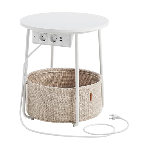 LILEA Kollektion - Beistelltisch rund, Kleiner Tisch, Couchtisch mit Steckdose, Wohnzimmertisch, Korb aus Stoff, Stauraum für Wohnzimmer, Nachttisch modern, mattweiß-Kamelbraun LET228W02
