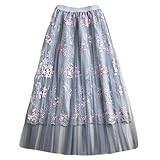 Elufly Women Summer Lace Mesh Skirt Elastic Waistband Layered A-line Midi Skirt