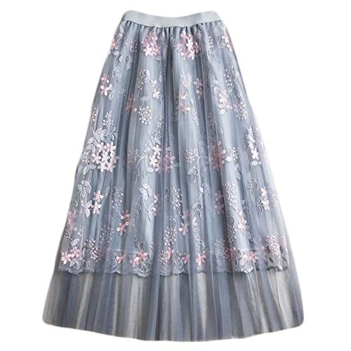 Elufly Women Summer Lace Mesh Skirt Elastic Waistband Layered A-line Midi Skirt