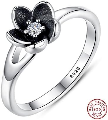 2016 New Collection Authentic Mystic Floral Flower Stackable Ring CZ &amp; Black Enamel (8)
