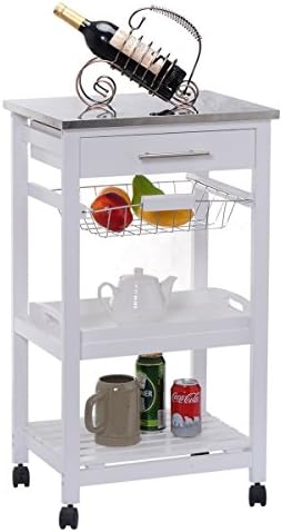 CHEFJOY Rolling Kitchen Trolley Cart Stainless Steel Top Removable Tray W/Storage Basket &amp; Drawer Kitchen Utility Island Cart with Wheels Bottom Shelf, White