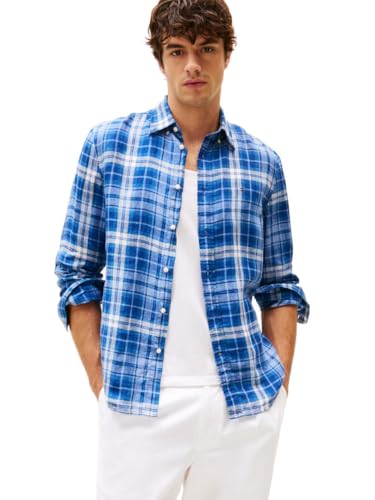 Tommy Hilfiger Men’s Linen Medium Check Regular Long Sleeve Shirts, Night Sky/Check Large