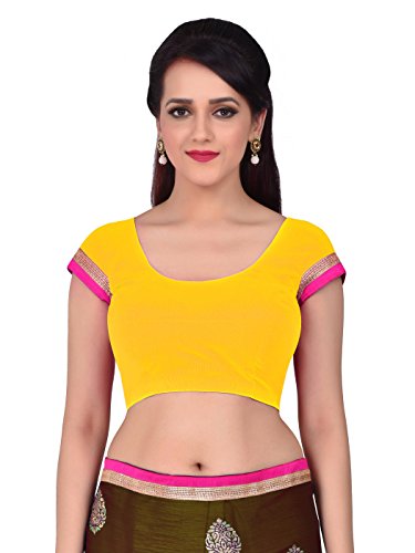 Shonaya Women's Patch & Butti Work Satin Chiffon Yellow Half & Half Saree With Unstitched Blouse Piece - Image 5