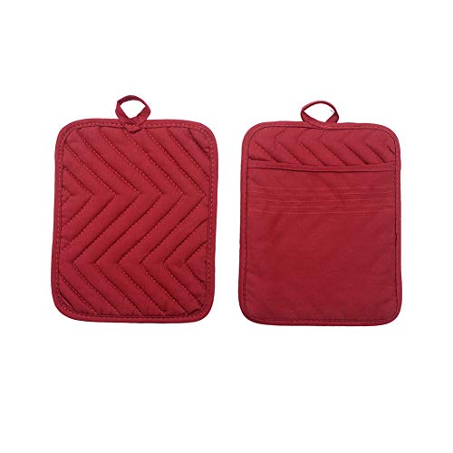 Anyi Oven Pot Holders with Pocket, 100% Cotton Potholders Set with Feature of Heat Resistant Non Slip Kitchen Hot Pad for Cooking Baking, 3-Pack, Red