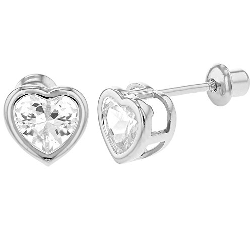 925 Sterling Silver CZ Small Heart Screw Back Earrings Baby Girl
