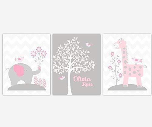 Baby Girl Nursery Art Pink Gray Elephant Giraffe Chevron Personalized Safari Animals Decor 3 UNFRAMED PRINTS