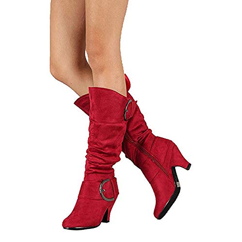 Yu Li Women's Mid Calf Boots Kitten Heels Knee high Zipper Buckle Slouchy Shoes Winter Strappy Martin Booties