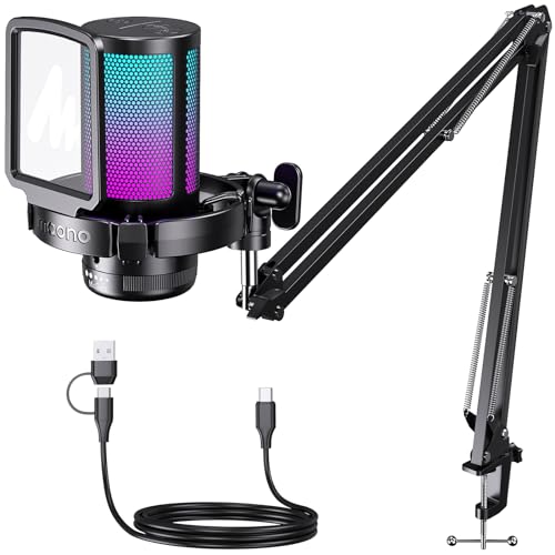 MAONO Microfono USB para Gamer, micrófono Condensador con cancelación de Ruido, Silencio, Ganancia, monitoreo, Brazo para Streaming, Podcast, Youtube, PC, computadora, PS4,PS5, Mac, GamerWave, DGM20S
