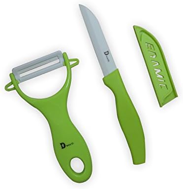 Dworth 2 Piece Multi Color Ceramic Cutlery Kitchen Knives and Peeler Knife Set (Green)
