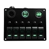 Switch Panel Boat Car Marine Switch Panel 6 Guang , TEQStone LED Rocker Blank Switch Panel with Circuit Breakers&Digital Voltmeter+12V Cigarette Socket & USB Power Charger Adapter (Green)