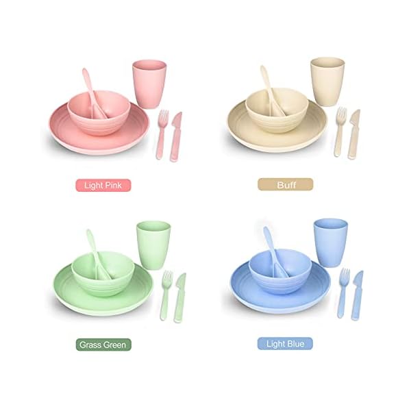 Surmounty Tableware Set 24 Pieces Camping Tableware Picnic Tableware Wheat Straw Dinner Service for 4 People Healthy Crockery Including Plates, Bowls, Cups, Forks, Spoons, Knives