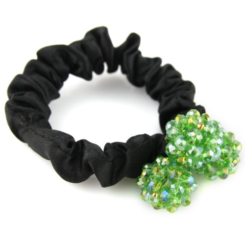 Elegant Shimmery Bead Silky Satin Hair Elastic - Scrunchie Pom Hair Tie - Vibrant Green & Black