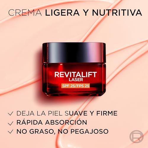 L'Oréal Paris Revitalift Laser SPF 25, Crema de Día Nº1 Anti-Edad Triple Acción, con Pro-Retinol, Ácido Hialurónico y Vitamina Cg, Reduce Arrugas, Reafirma y Reduce Manchas Oscuras, 50ml
