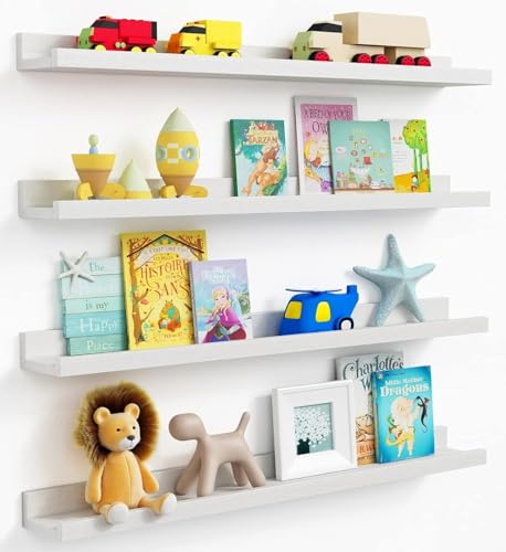 Forbena White Floating Shelves for Wall 36 Inches Long 4-Pack, Large Nursery Book Shelves Bookshelf for Kids Bedroom, Wood Picture Ledge Shelf with Lip for Living Room Decor Photo Frames Legos Display