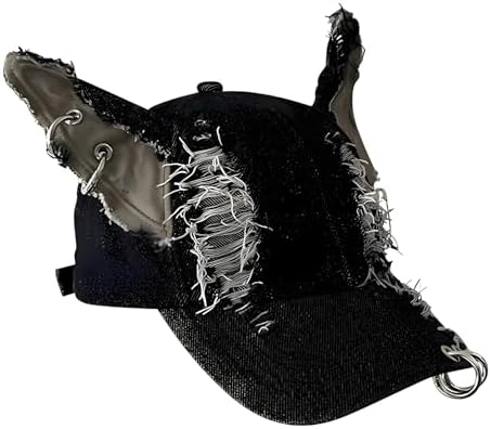 Abrand Black & Red Distressed Denim Bunny Ear Hat with Chains Wasteland Bunny Ear Distressed Denim Baseball Cap – KIIKIO main image 2