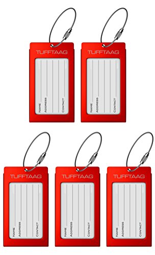 TUFFTAAG Personalized Luggage Tag Set w/ Business Card Holder - Customized Metal Suitcase Labels (5pk Red)