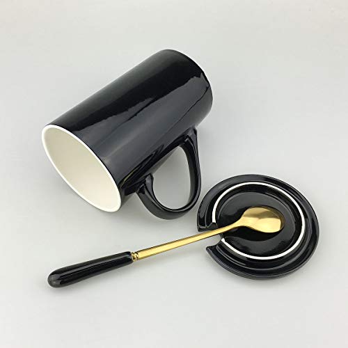 Constellation Theme Romantic Creative Black Ceramic Coffee Tea Cup Mug Tumbler,With Ceramic Lid and stainless steel Spoon, 13 oz(400 ml)