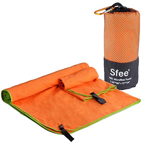 Sfee-Microfiber-Sport-Travel-Towel-Set-72x3224x15-Quick-Dry-Absorbent-Compact-Lightweight-Soft-Beach-Yoga-Bath-Gym-Towels-Fit-for-Outdoors-Fitness-Hiking-CampingCarabinerXL-Orange