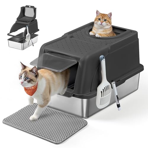 Feandrea Stainless Steel Cat Litter Box with Hinged Lid, XL Litter, Leakproof, Scoop, Brush, Double Inlet, Countertop Load 15 kg, Black Ink PPT005BH01