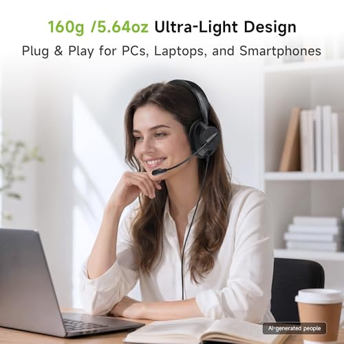 Acer Headset with Microphone for PC - ENC Noise Cancelling Headphones with Mic, Dual USB C Headset with Microphone & USB, 40mm Drivers Wired Headset with Mic for Work, Call Center Headset for Office