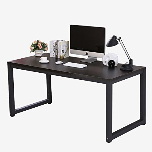 Modern Computer Desk 55" Simple Style PC Laptop Sturdy Wooden Particleboard Table with Steel Frame Study Office Training Meeting Desk for Home Office School, Black + Black Leg