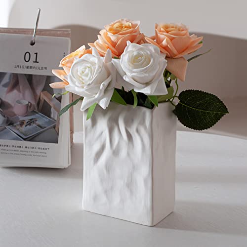 Levvohd White Crinkle Paper Bag Ceramic Vase, Unique Square Wide Mouth Pleated Small Vases, Minimalist Boho Vase for Modern Trendy Home Dining Room Table Centerpiece Decor (L3.9 in X H5.5 in)