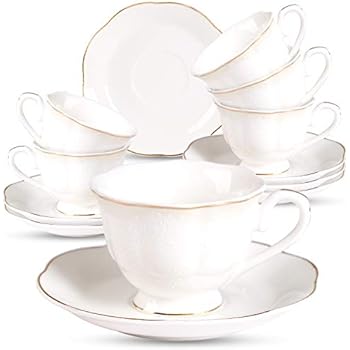 Porcelain Mini Espresso Cups and Saucers Set - 2.8oz Ceramic Coffee Cup Set New Bone China Tea Cups with Golden Edge Embossed Floral for Man and Woman, Set of 6