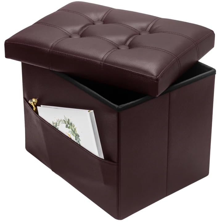 Bsketa Storage Ottoman Foot Rest Stool, Small Leather Storage Ottomans Bench, Folding Footstool with Side Pockets, Foot Rest Under Desk for Living Room Bedroom, 16x12x12 in, Brown