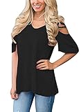 VOKY Womens Casual Loose Hollow Off Shoulder V Neck T Shirts Tops