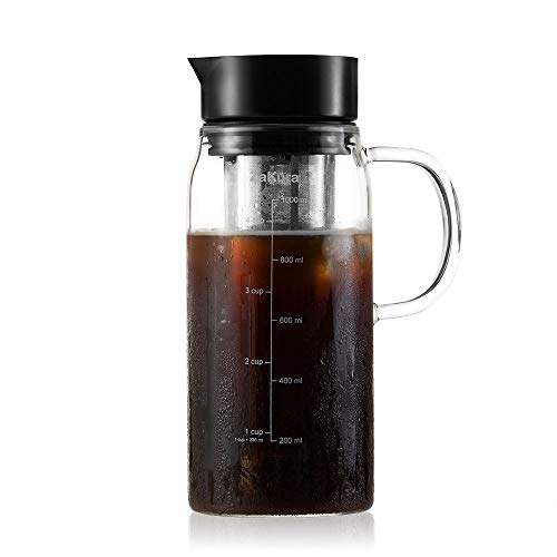 Cold Brew Coffee Maker by ZaKura, 1.0 Liter/34 Ounce, Durable Brewing Glass Carafe with Airtight